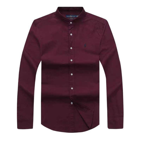 Polo Ralph Lauren Band Collar Oxford Maroon Long Sleeve Men Shirt