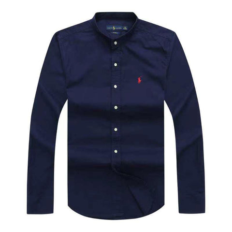 Polo Ralph Lauren Band Collar Oxford Navy Blue Long Sleeve Men Shirt