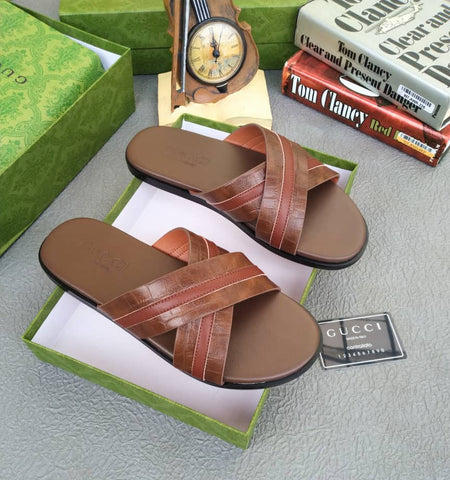 Gucci Brown Leather Cross Slides