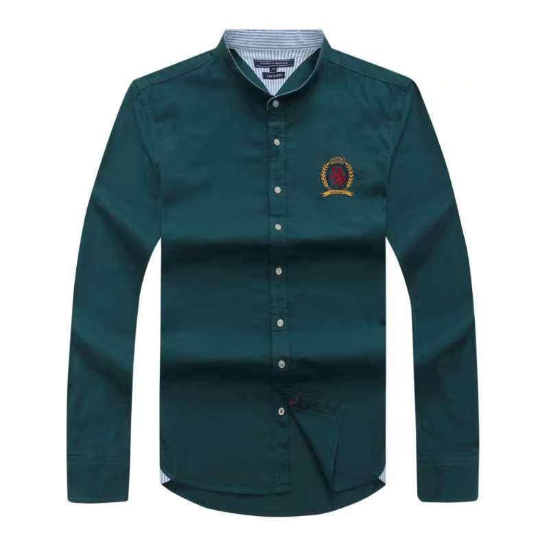 Tommy Hilfiger Men Green Band Collar Oxford Long Sleeve Shirt