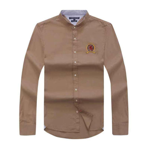Tommy Hilfiger Men Brown Band Collar Oxford Long Sleeve Shirt