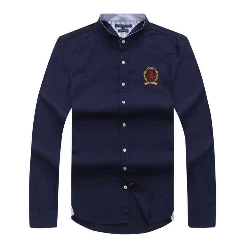 Tommy Hilfiger Men Navy Blue Band Collar Oxford Long Sleeve Shirt