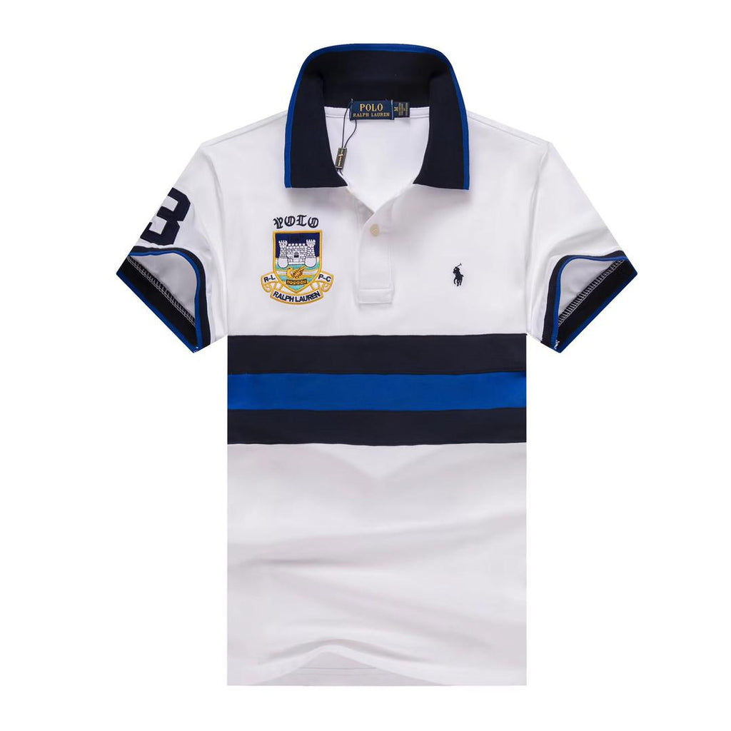 Polo Ralph Lauren White Small Pony And Badge Blue Stripe Polo