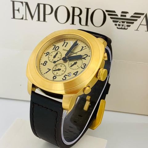 Emporio Armani Gold Face  Black Leather Watch 5373h