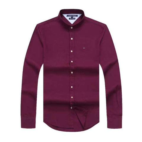 Tommy Hilfiger Men Maroon Summer Long Sleeve Shirt With Band Collar