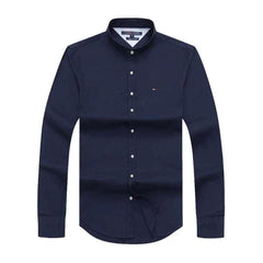 Tommy Hilfiger Men Navy Blue Summer Long Sleeve Shirt With Band Collar