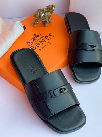 Hermes Black Leather Slippers