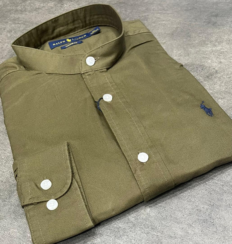 Polo Ralph Lauren Band Collar Oxford Army Green Long Sleeve Men Shirt