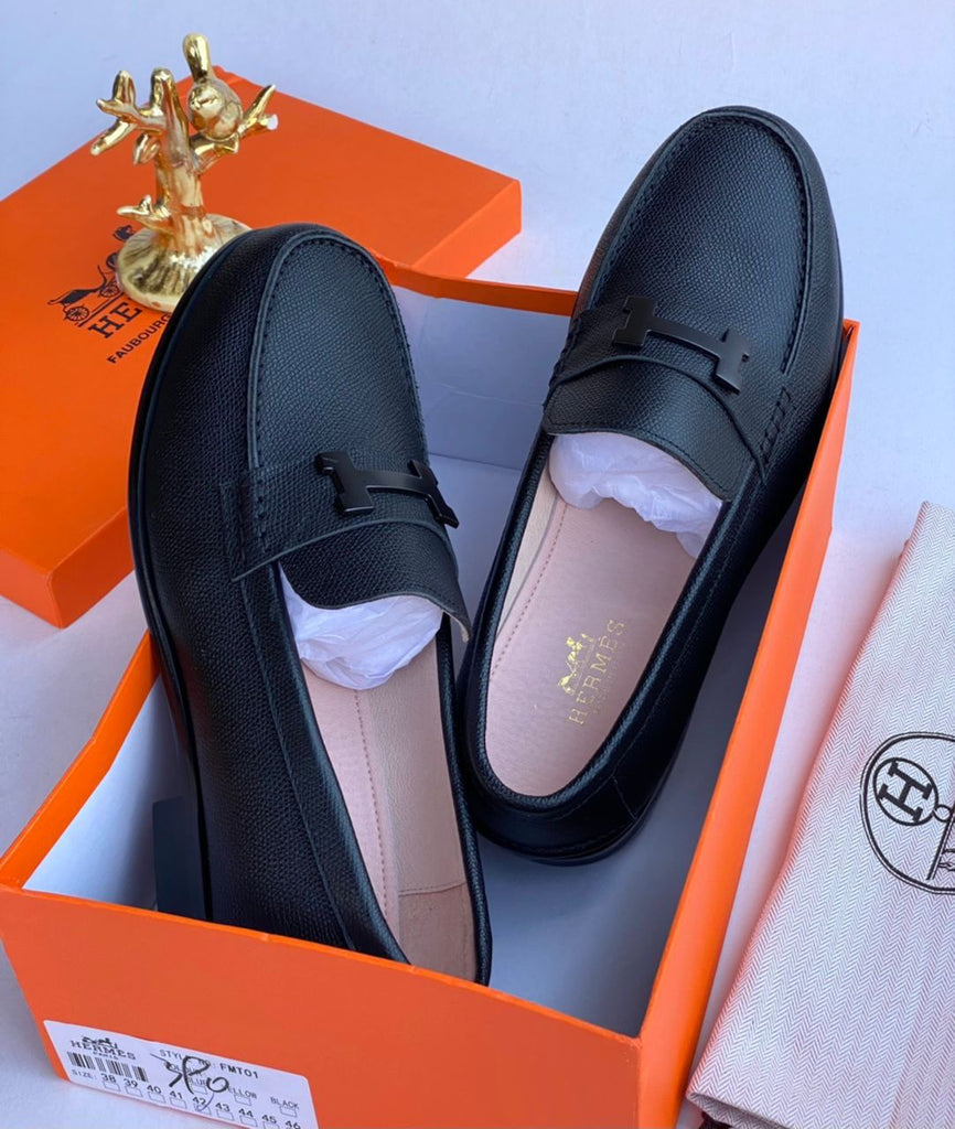 Hermes Black Leather Men Loafers