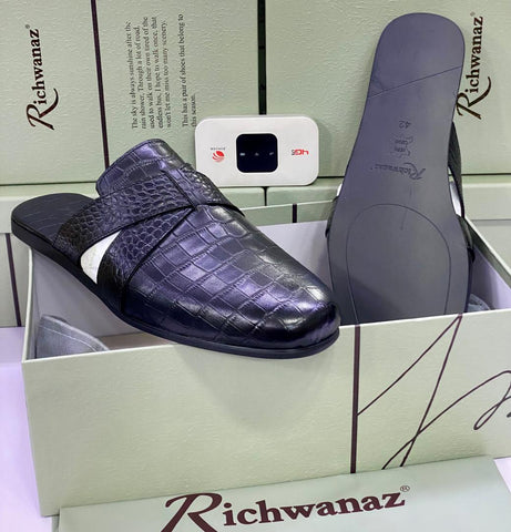 Richwanaz Italian  Black Leather Mules