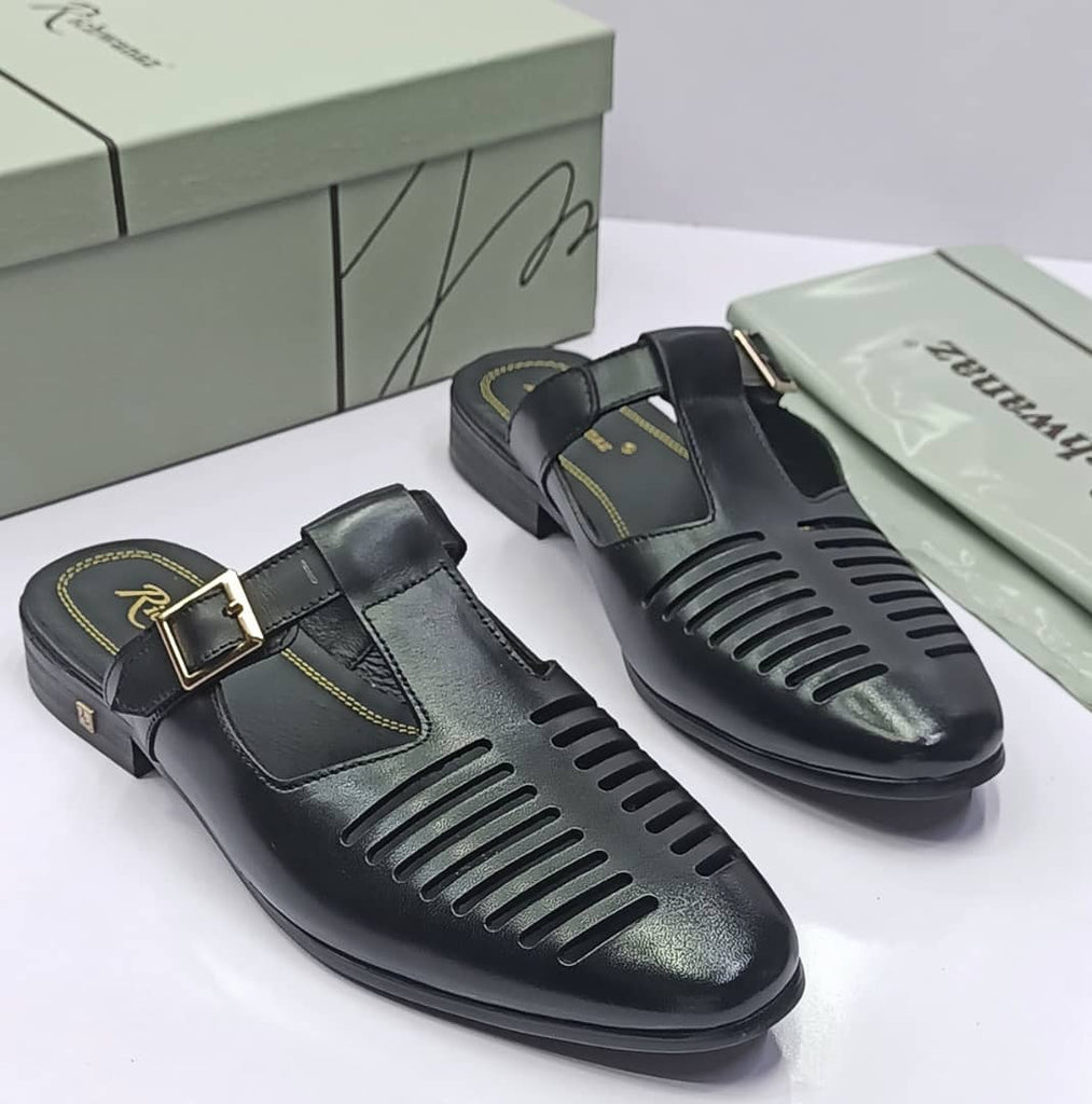 Richwanaz Italian  Black Leather Mules