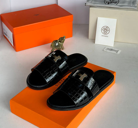 Hermes Black Leather Slide