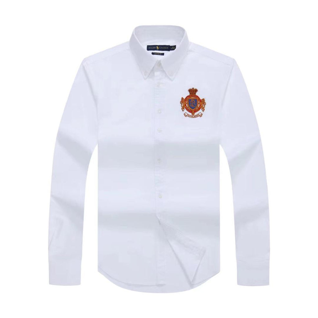 PRL Oxford White Logo Crest Cotton Long Sleeve Shirt