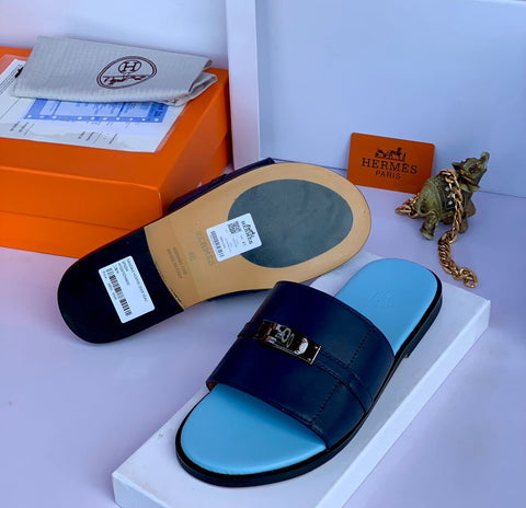 Hermes Blue Leather Slides