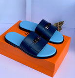 Hermes Blue Leather Slides