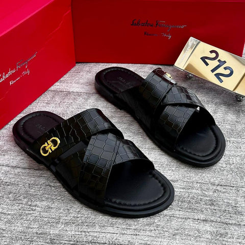 Salvatore Ferragamo Black Cross Leather  Slide