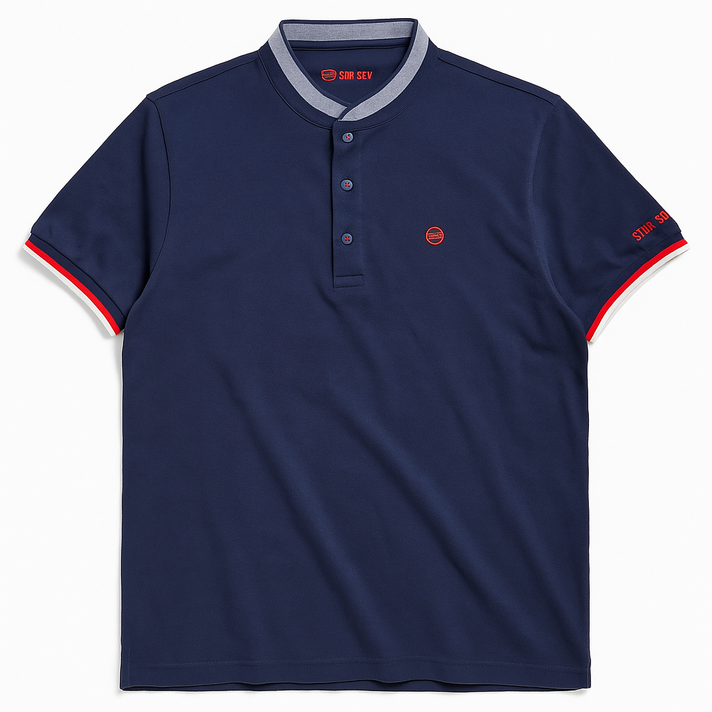 SR Seven Navy Blue Band Collar T shirt