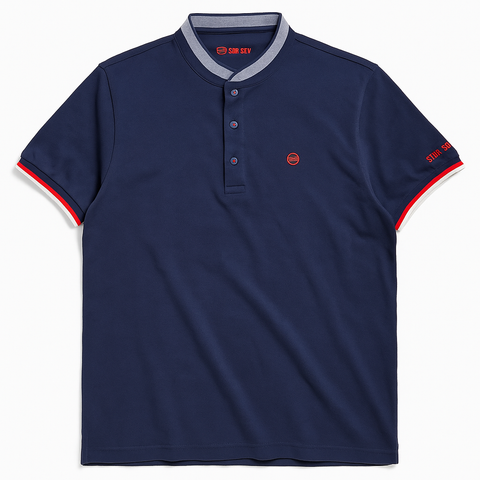 SR Seven Navy Blue Band Collar T shirt