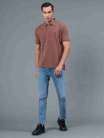 Red Tape Men Solid Polo Neck Pure Cotton Brown T-Shirt