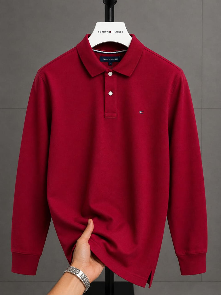 Tommy Hilfiger Men Long Sleeve Polo - Marooon