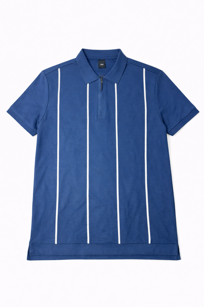 MVN Men Stripe Blue Zip Up Polo