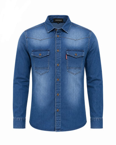 Dquared Men Denim Band Collar Long Sleeve Shirt