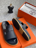 Hermes Black Leather Slides