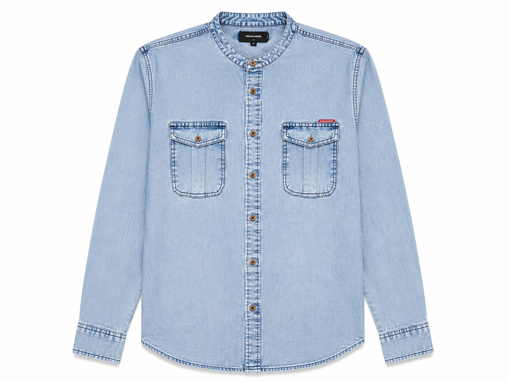 Dquared Men Denim Band Collar Long Sleeve Shirt