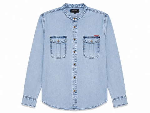 Dquared Men Denim Band Collar Long Sleeve Shirt