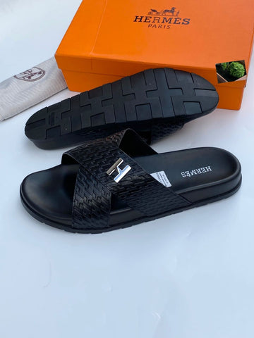 Hermes Black Leather Slide