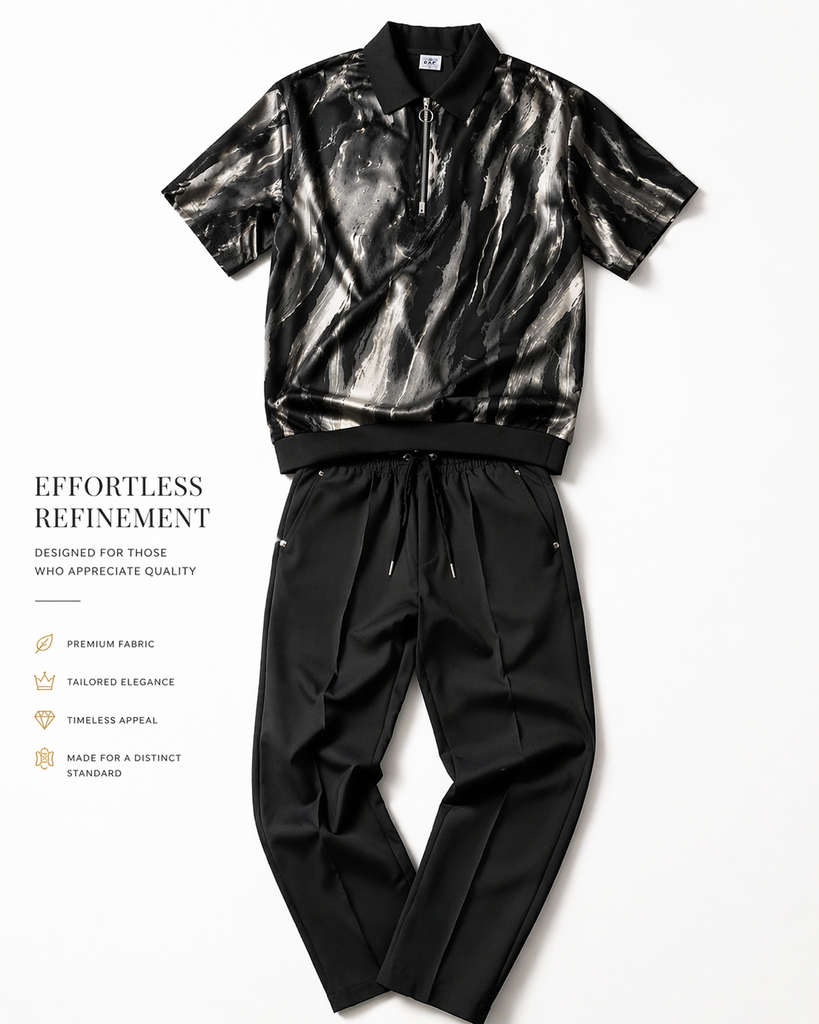 Vintage Abstract Zip Polo Set – Black