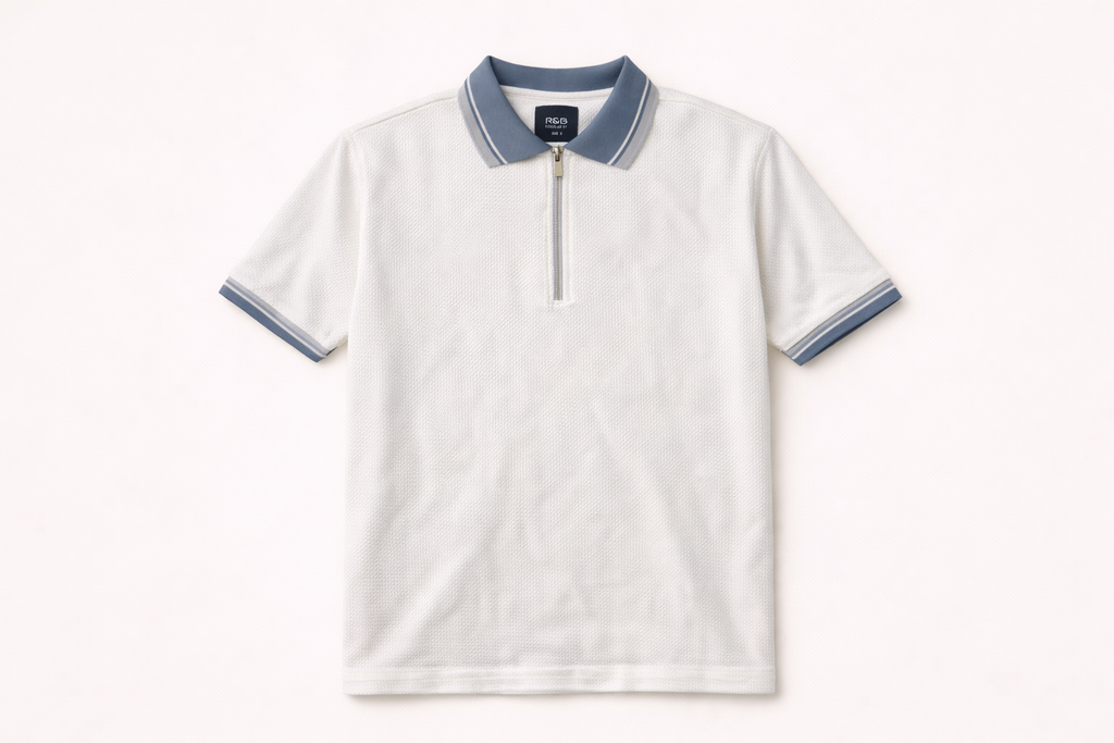 Novamen Men Off White Zip Up Polo