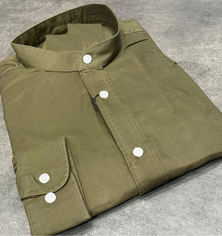 Men Cotton Band Collar Green Long Sleeve Shirt