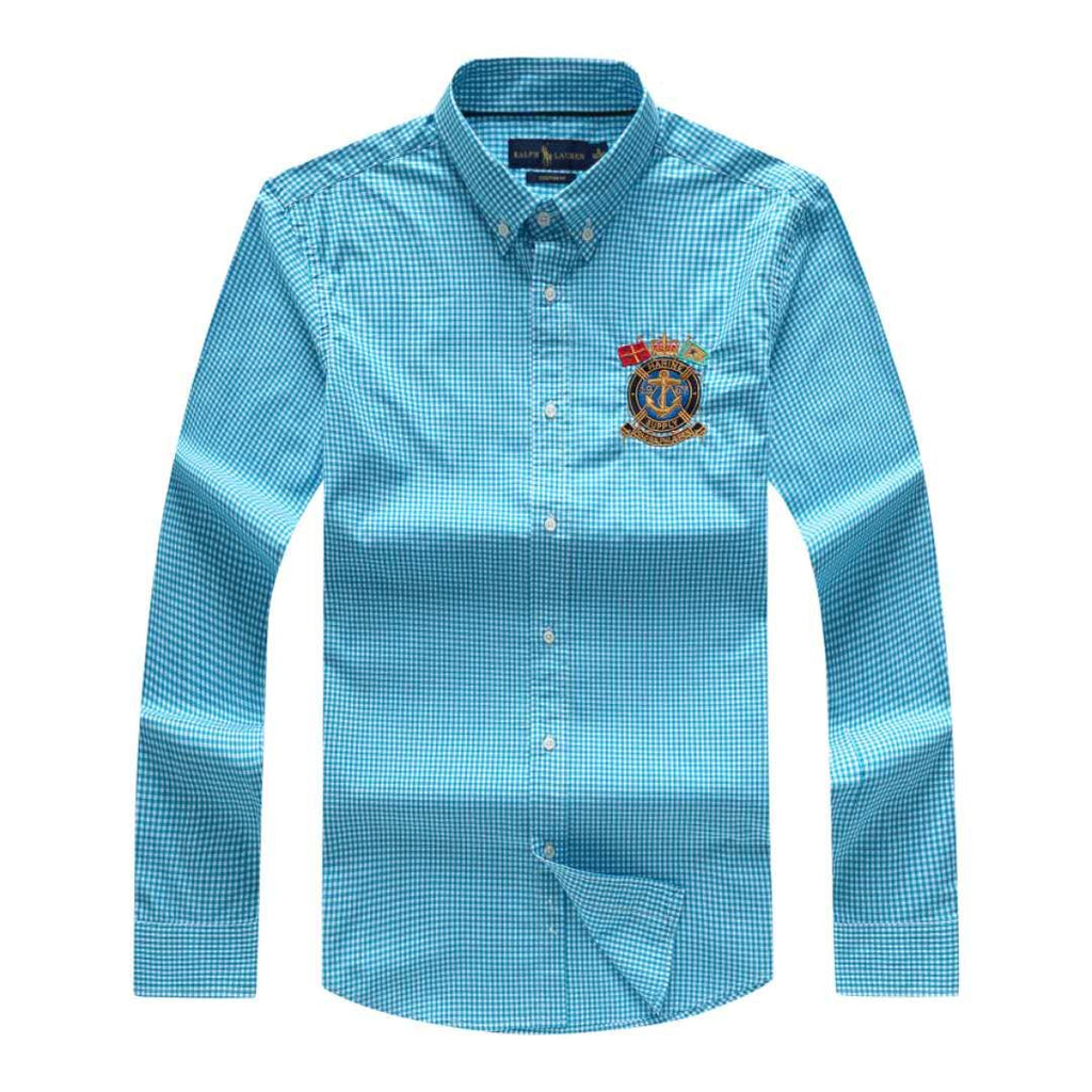 New Polo Ralph Lauren Badge Tiny Check Gingham  Long Sleeve Shirt Blue / White
