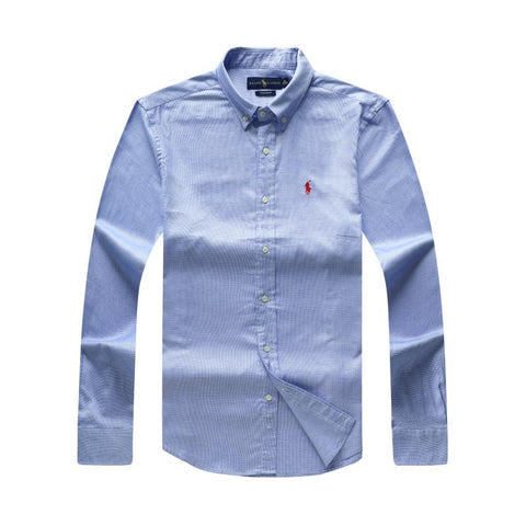 Polo Ralph Lauren Men's Custom Fit Tiny Checked Long Sleeve  Shirt - Blue With Red Small Pony