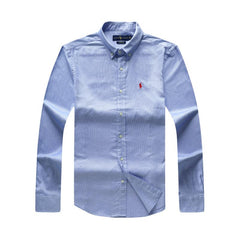 Polo Ralph Lauren Men's Custom Fit Tiny Checked Long Sleeve  Shirt - Blue With Red Small Pony