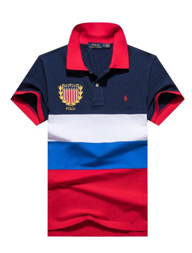 Custom Slim Fit Flag Crest Small Pony Short Sleeve Polo Shirt Red/Blue