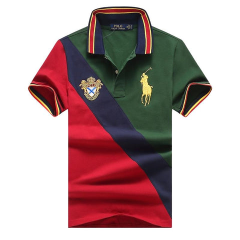 Men's R L  Big Pony Classic-Fit  Crested Badge Vertical Stripe Polo . GREEN/BLUE/RED