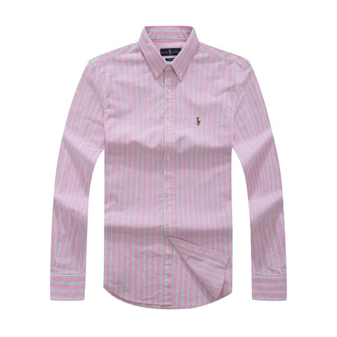 RL Small Pony Pink/ White Men Long  Sleeve Oxford Stripe Shirt