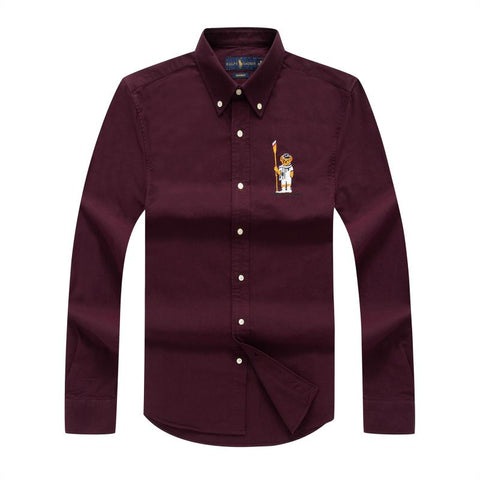Ralph Lauren Bear Maroon Men Long Sleeve Oxford Shirt