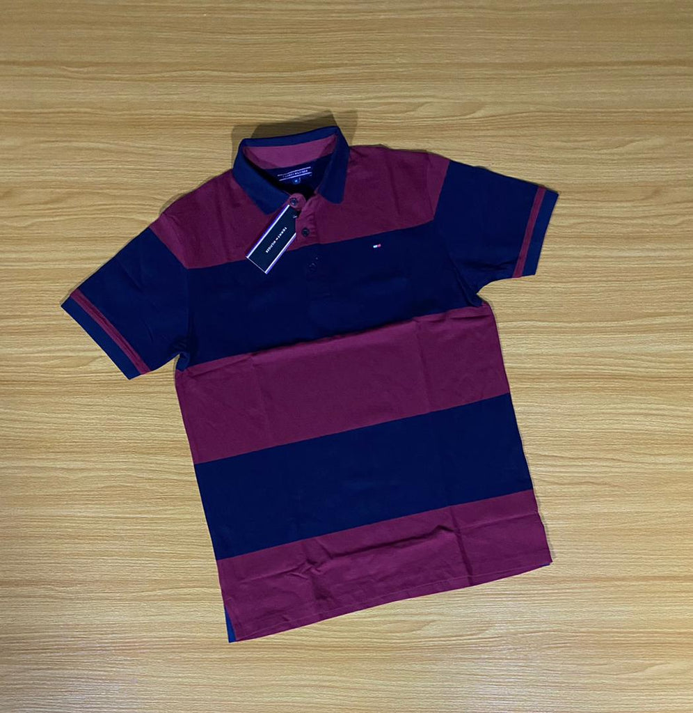 Tommy Hilfiger Men Stripe Polo Maroon And Navy Blue