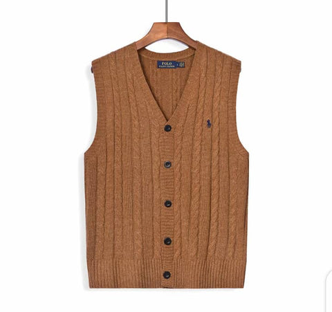 Polo Ralph Lauren Small Pony Men`s Brown Buttoned  Down Cable Knit Crew-Neck Sweater